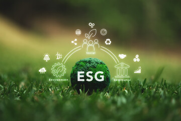 E.S.G. Environmental, Social, Governance. Green globe with the word E.S.G. and icon on a green background. Ideas for investing in green businesses for long-term sustainability