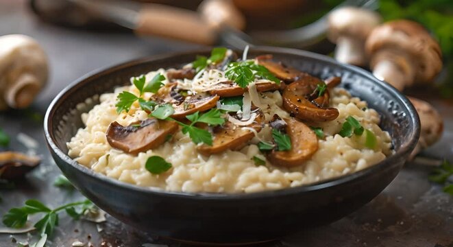 A bowl of creamy risotto with wild mushrooms and Parmesan