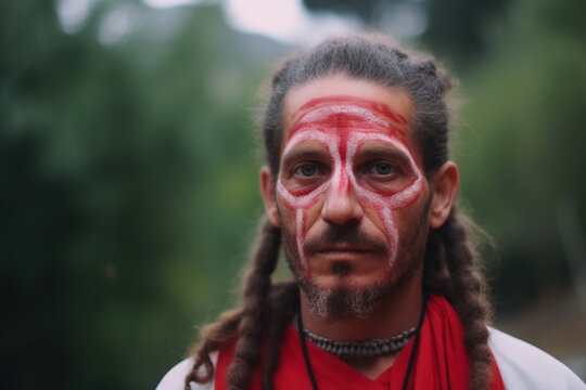 A portrait of a spiritual man with red colored face paint in nature