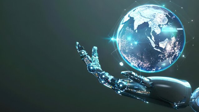 A robot hand holds global warming concept hologram infographic on open robot palm. Copy spece for text
