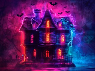 Haunted house silhouette illuminated by neon lights - obrazy, fototapety, plakaty