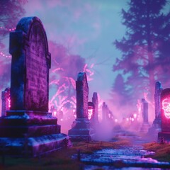 Creepy neon-lit graveyard - obrazy, fototapety, plakaty