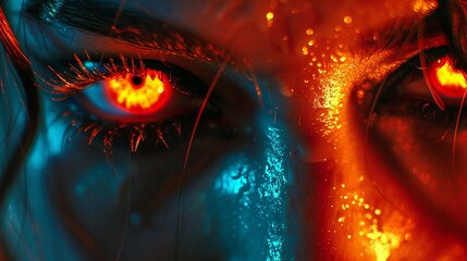 Close-up of a mermaids eyes glowing neon red in the dark