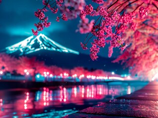 Cherry blossom trees illuminated by neon lights