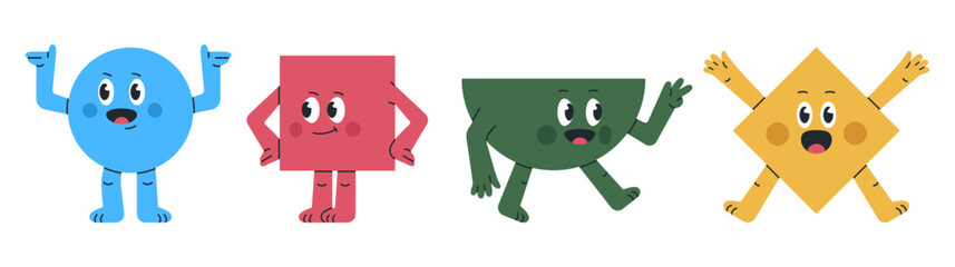 Comic geometric characters. Cute shapes mascots with funny faces, square, triangle and circle figures with different emotions flat vector illustration set. Funny geometric shapes