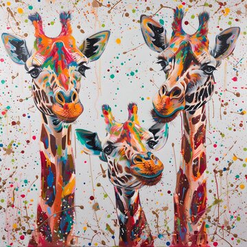 Colorful Abstract Art of Giraffe Family Portrait on Splattered Paint Background. Modern Artistic Decor. Whimsical Wildlife Painting for Contemporary Spaces. AI
