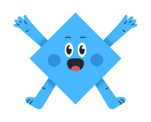 Funny rhombus character. Comic geometric shape with delight emotions, cute rhombus mascot with funny face flat vector illustration. Adorable geometric shape