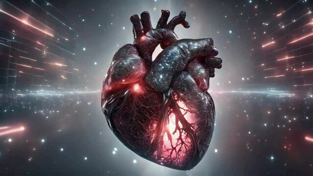 Holographic of human heart,  Generative AI, Closeup of a 3D printed human heart , Hologram of heart model, stock video, youtube healthcare video, looping animation, 4k videe, medical concept
