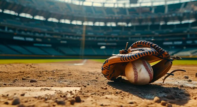 A baseball and glove on the pitcher's mound with stadium seating around