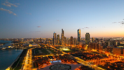 Drone view of Downtown Chicago during the sunset 