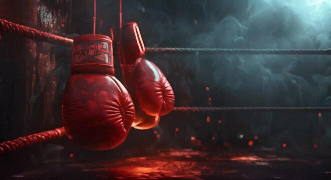 A pair of boxing gloves hanging on a ring corner with a spotlight