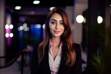 A pretty adult confident female employee dressed in a suit, standing at the workplace and smiling for the camera