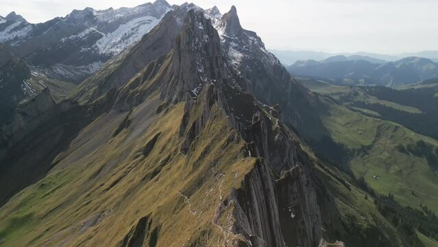 Aerial video on the Swiss Alpstein Alpstein Appenzell mountain range