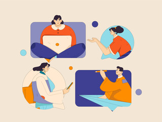 Virtual characters social communication concept business flat vector hand drawn illustration
