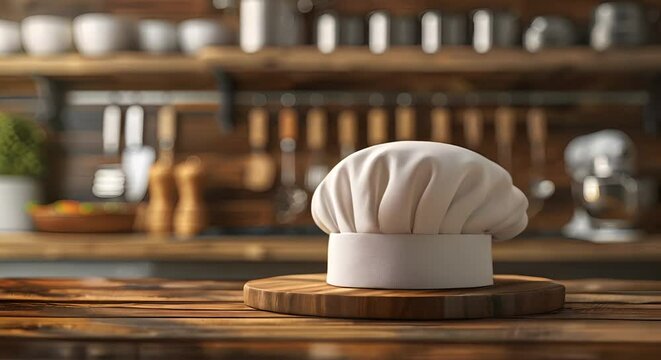 Chef's hat and gourmet knives on a polished wooden counter