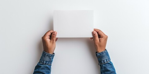 Man holding a blank white sheet of paper in front of him
