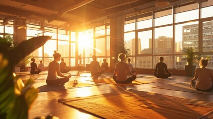 emphasizing wellness in the workplace, featuring a yoga session in a spacious, sunlit room within the office, with employees participating to reduce stress and promote well-being