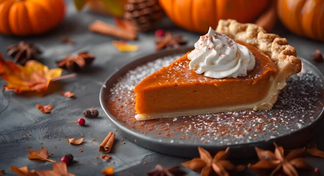 A slice of pumpkin pie with a dollop of whipped cream