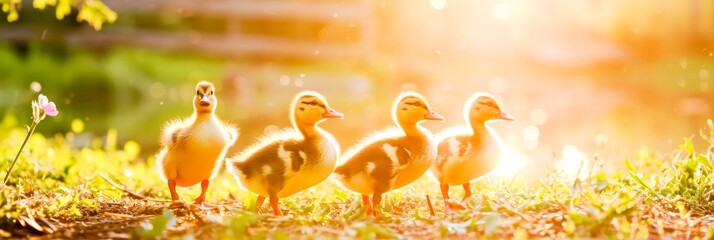 A group of four ducks walks through a grassy field. - Powered by Adobe