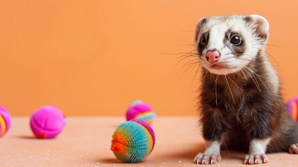 Fototapeta na wymiar Spirited Ferret's Fun and Games Amidst Toys on a Soothing Pastel Brown Background