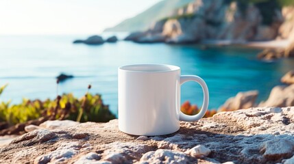 White coffee cup on a cliff overlooking the ocean - Powered by Adobe