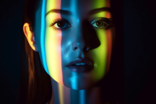 a woman with a striped rainbow light on her face looks into the camera. the mouth is closed by light, the concept of silence, loneliness and imagination