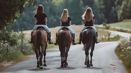 Three riders on horseback enjoy a serene trail ride in the countryside. Exploring nature on horseback. Casual equestrian activity captured. AI