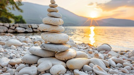 Fototapeta na wymiar Tranquil zen stones reflecting the serene hues of a beautiful sunset in peaceful waters