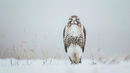 The image is a portrait of a long-legged buzzard, also known as Buteo rufinus, against a white, - obrazy, fototapety, plakaty