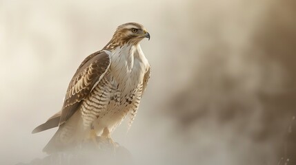 The image is a portrait of a long-legged buzzard, also known as Buteo rufinus, against a white, - obrazy, fototapety, plakaty