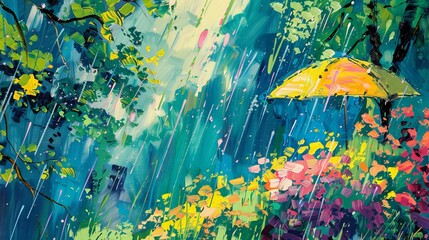 An abstract or impressionistic illustration that captures the essence of spring showers, using vibrant colors and dynamic strokes to convey the movement and freshness of rain.