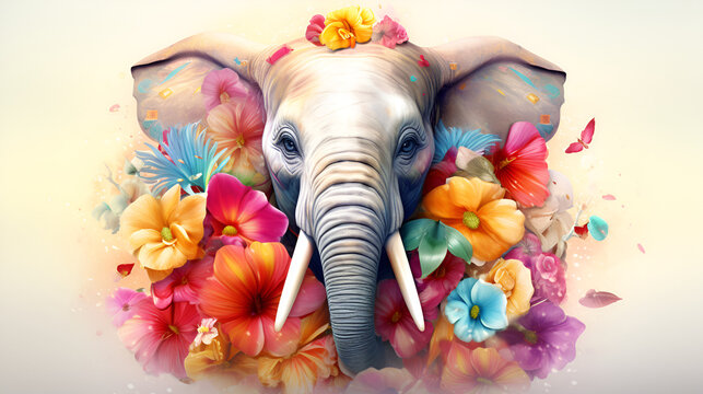 A Majestic Marvel An Elephant Bedecked in a Symphony of Colorful Blossoms, Nature's Symphony of elephant and flowers