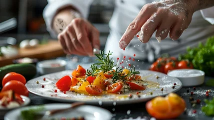 Fotobehang Chef garnishing a gourmet dish with fresh herbs, artistic culinary presentation in a modern kitchen. focus on handcrafting exquisite cuisine. AI © Irina Ukrainets