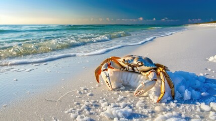 crabs on the beach with sand and waves - obrazy, fototapety, plakaty
