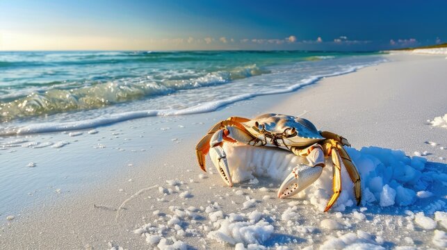 crabs on the beach with sand and waves