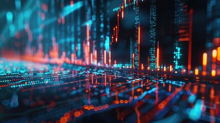 Abstract virtual financial graph hologram on abstract metal background, financial and trading concept. Multiexposure