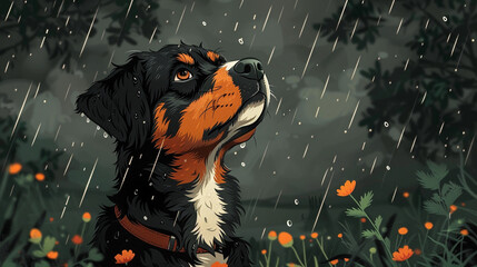illustration of a dog in the rain flat style - obrazy, fototapety, plakaty