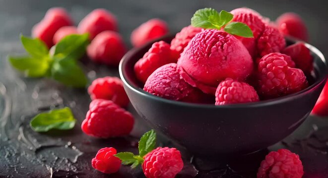 A bowl of raspberry sorbet with fresh raspberries and mint