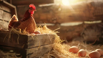 Fotobehang box of eggs with red chicken in dry straw inside a wooden henhouse with sunshine on the background © buraratn