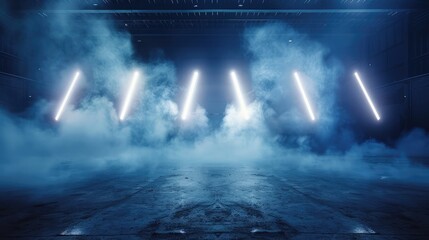 Bright stadium arena lights, Smoke bombs, empty dark scene, neon light, spotlights The concrete floor and studio room with smoke float up the interior texture, night view for display products - obrazy, fototapety, plakaty