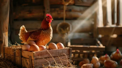 Fotobehang box of eggs with red chicken in dry straw inside a wooden henhouse with sunshine on the background © buraratn