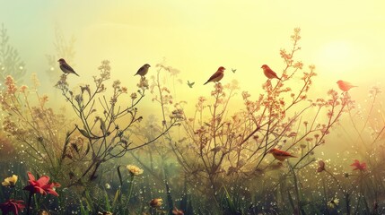 An idyllic scene of a dew-covered meadow at dawn, with songbirds perched and singing atop blossoming branches, welcoming the new day with their melodious chorus. - 766030552
