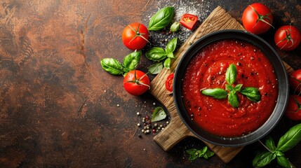 Classic homemade Italian tomato sauce with basil for pasta and pizza in the pan on a wooden on brown background, top view.