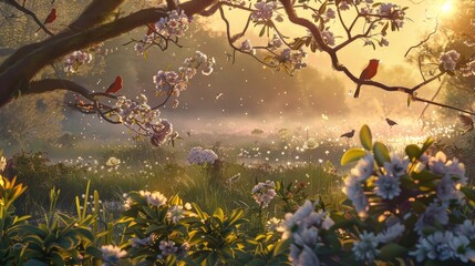 An idyllic scene of a dew-covered meadow at dawn, with songbirds perched and singing atop blossoming branches, welcoming the new day with their melodious chorus. - 766030725