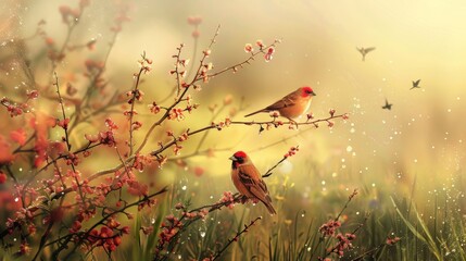 An idyllic scene of a dew-covered meadow at dawn, with songbirds perched and singing atop blossoming branches, welcoming the new day with their melodious chorus. - 766030727
