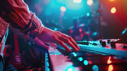 Close up of a keyboardist musician at work at a concert. Keyboardist play keyboard on stage.