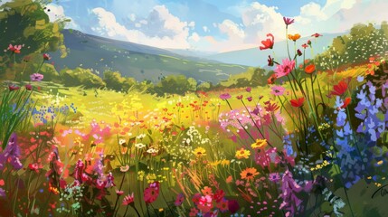 The breathtaking view of a wildflower meadow, with a diverse palette of colors stretching far into the horizon, inviting onlookers to wander and revel in nature's springtime display. - 766030912
