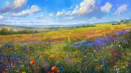 The breathtaking view of a wildflower meadow, with a diverse palette of colors stretching far into the horizon, inviting onlookers to wander and revel in nature's springtime display. - 766030914