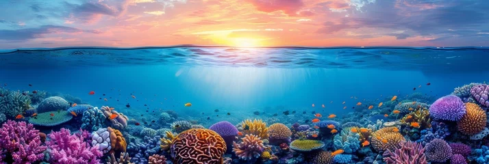 Foto op Plexiglas Split view of great barrier reef coral marine ecosystem at sunset in queensland, australia © Ilja