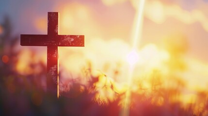cross on blurry sunset background. Christian, Christianity, Religion copyspace background.